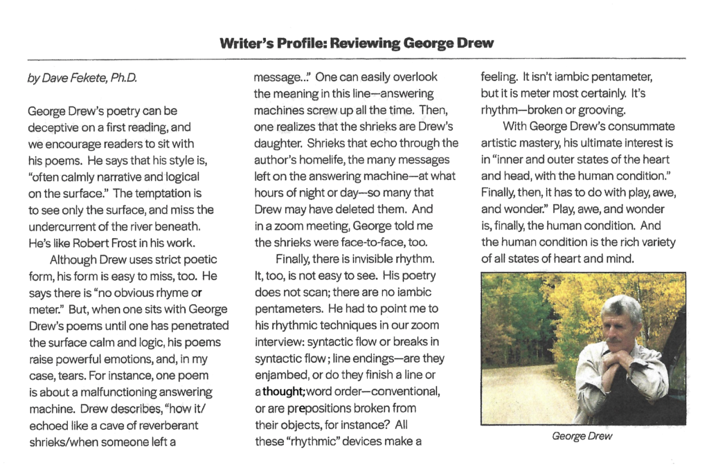 Writer's Profile, screen capture. Written by Dave Fekete, PhD about George Drew.